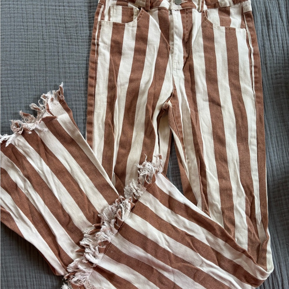 Brown and White Flare Jeans with Bold Stripes